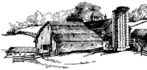 A pen and ink drawing of an old barn.