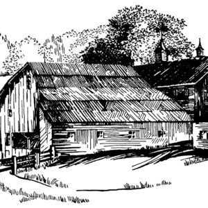 A pen and ink drawing of an old barn.